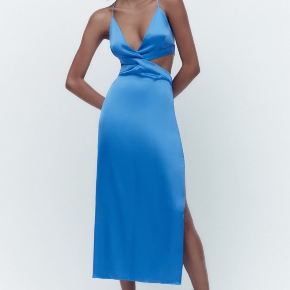NWT Zara satin blue cut out midi dress